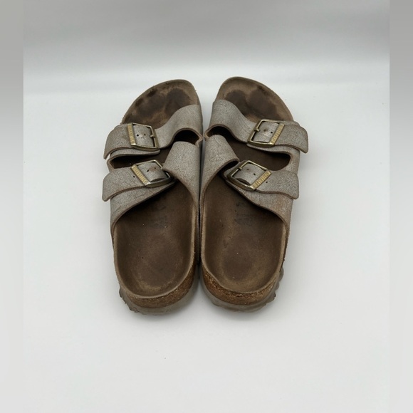 Birkenstock Arizona Leather Washed Metallic Silver Sandal - Picture 4 of 10